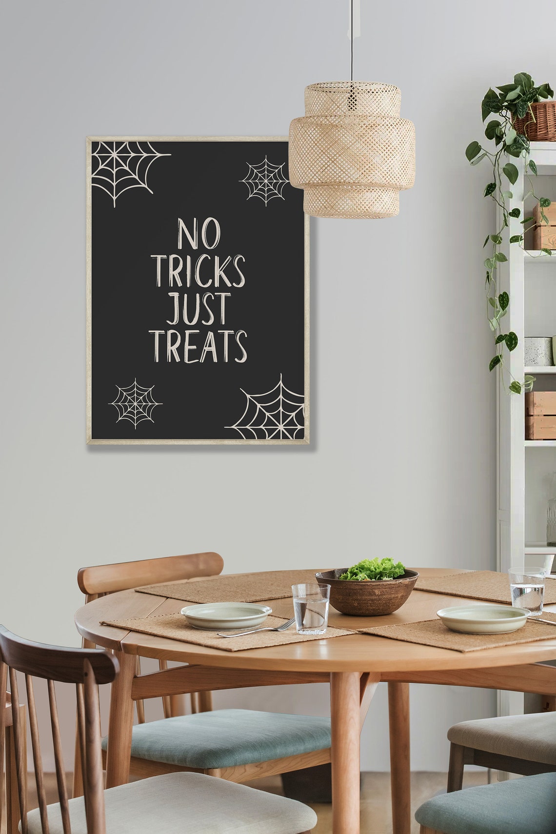 No Tricks Just Treats Spiderweb Halloween Party Quote Poster - Image 2