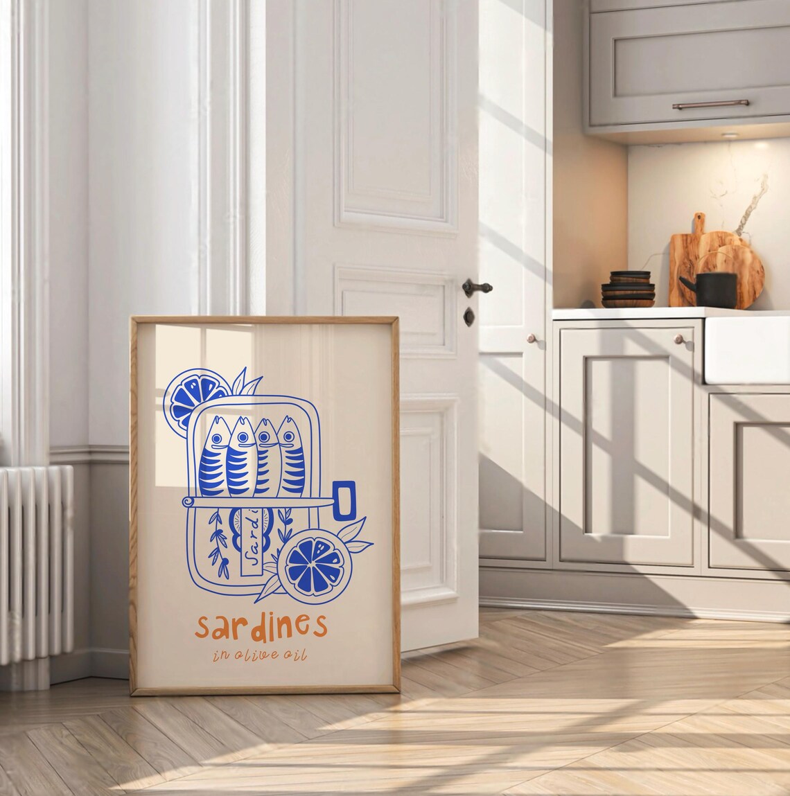 Sardines in Olive Oil Poster Blue Sardine Tin Illustration Kitchen Art