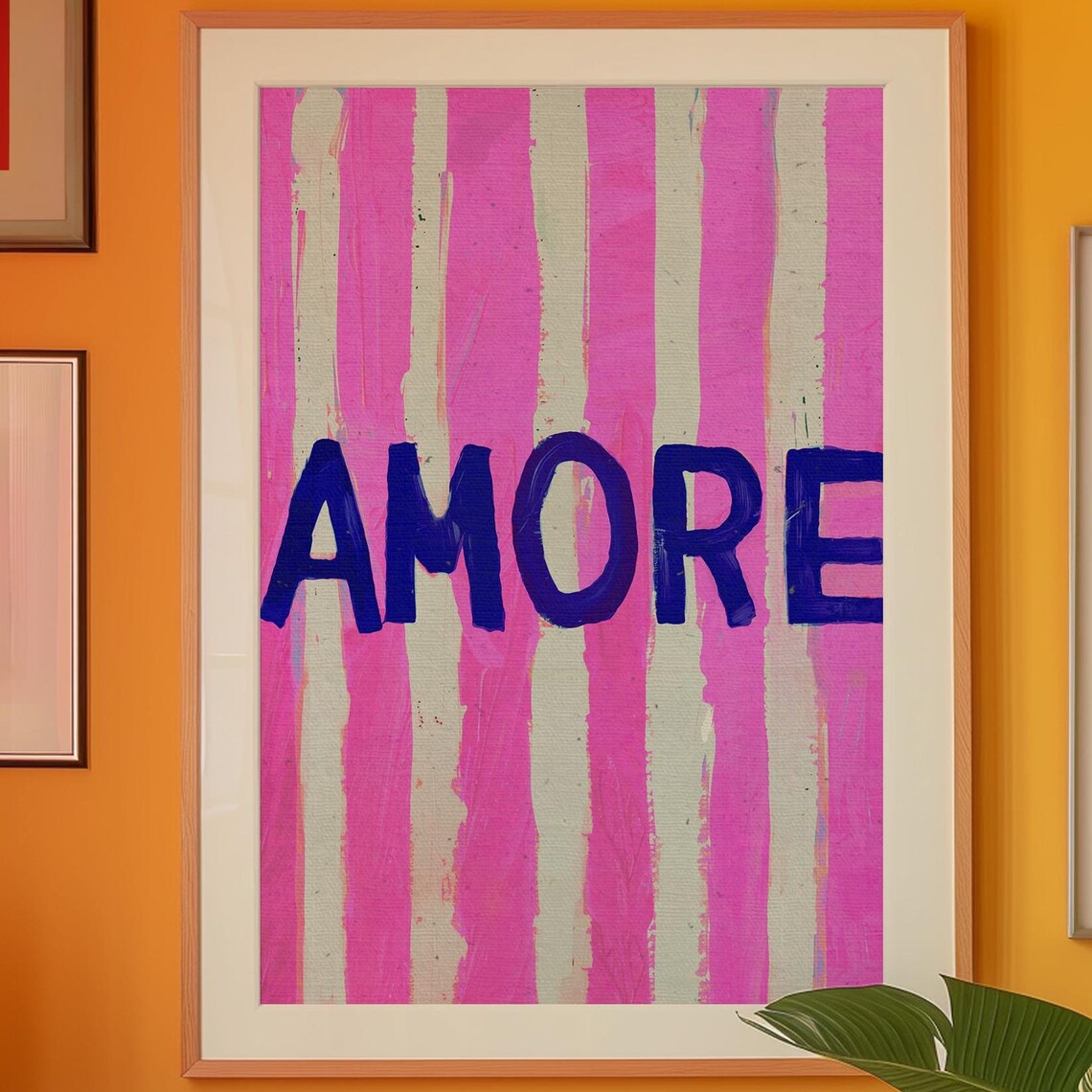 AMORE Pink Stripes Navy Lettering Bold Retro Italian Typography Poster
