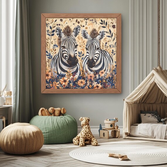 Two Zebras In Wildflower Garden Whimsical Nursery Kids Room Art Poster