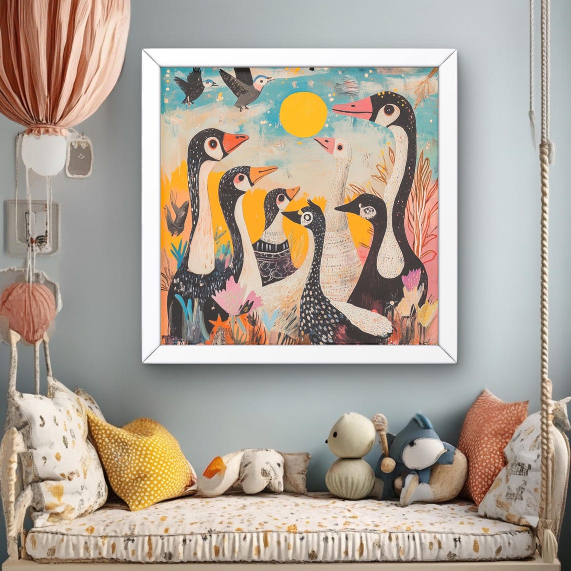 Six Whimsical Geese Under the Sun Colorful Nursery Art Print
