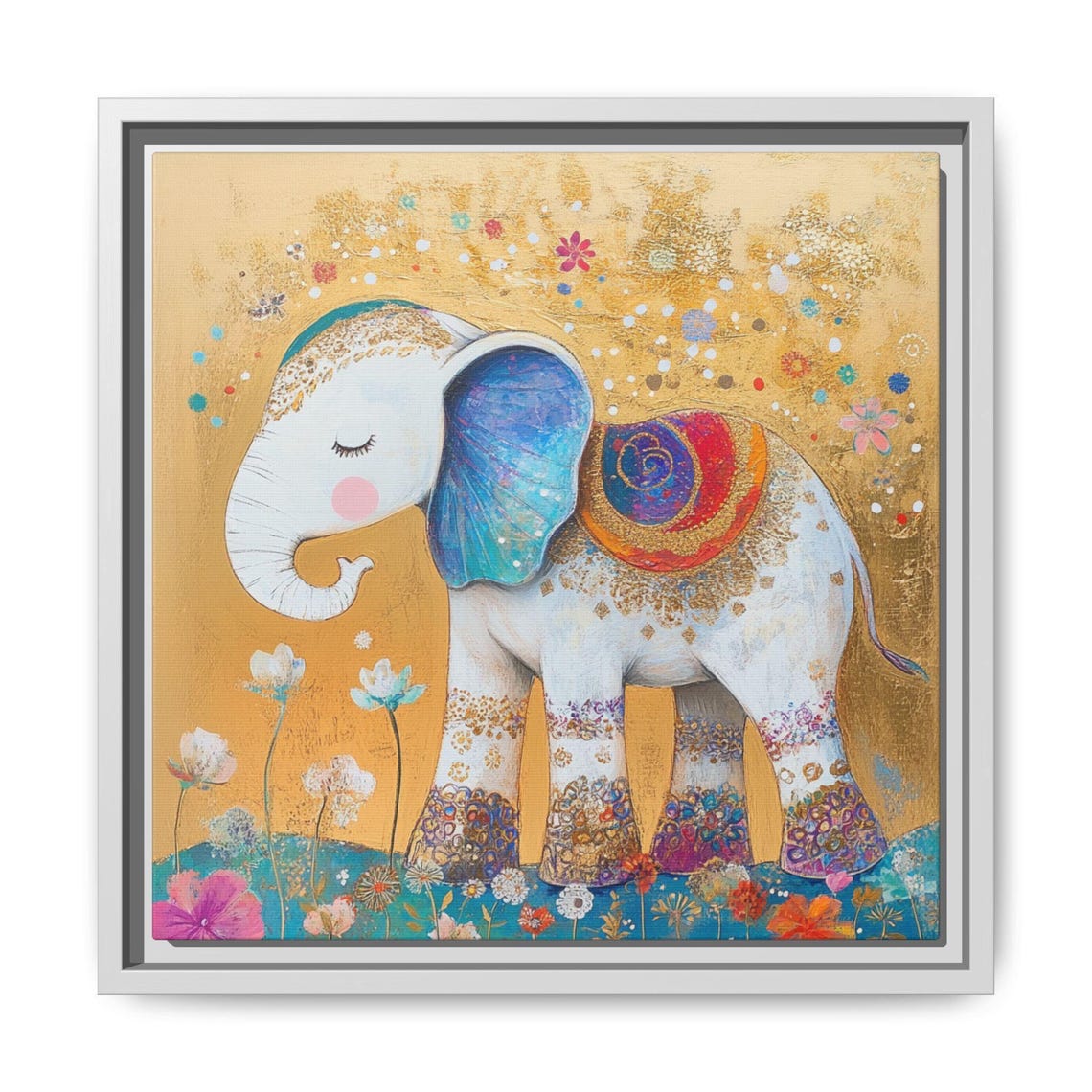 White Elephant with Mandala Blanket Gold Background Nursery Print
