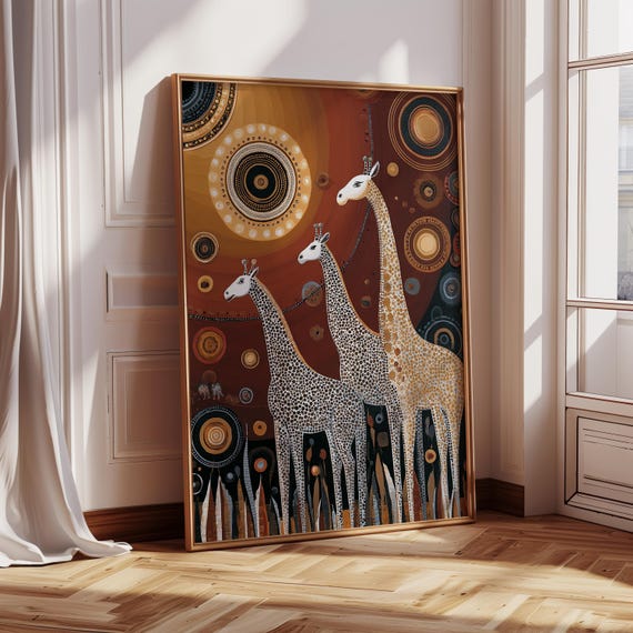 Abstract Giraffe Painting Print African Safari Wall Art Bohemian Wildlife Decor Textured Gold Brown Large Framed