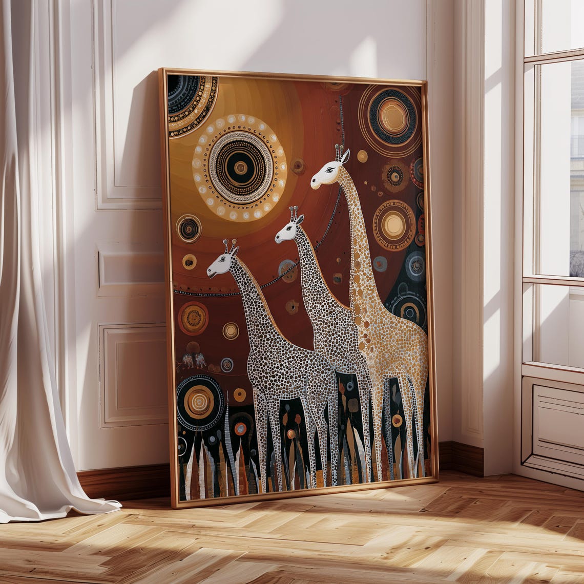 Three Giraffes Abstract Dot Painting Warm Earth Tone Safari Art Poster