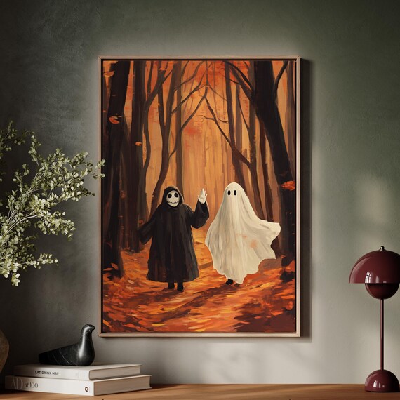 Ghost And Skeleton Friends Strolling In Fiery Autumn Forest Poster