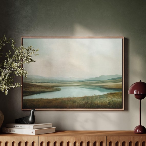 Serene Landscape Painting Rolling Hills And Calm Lake In Neutral Tones For Peaceful And Elegant Wall Decor Print