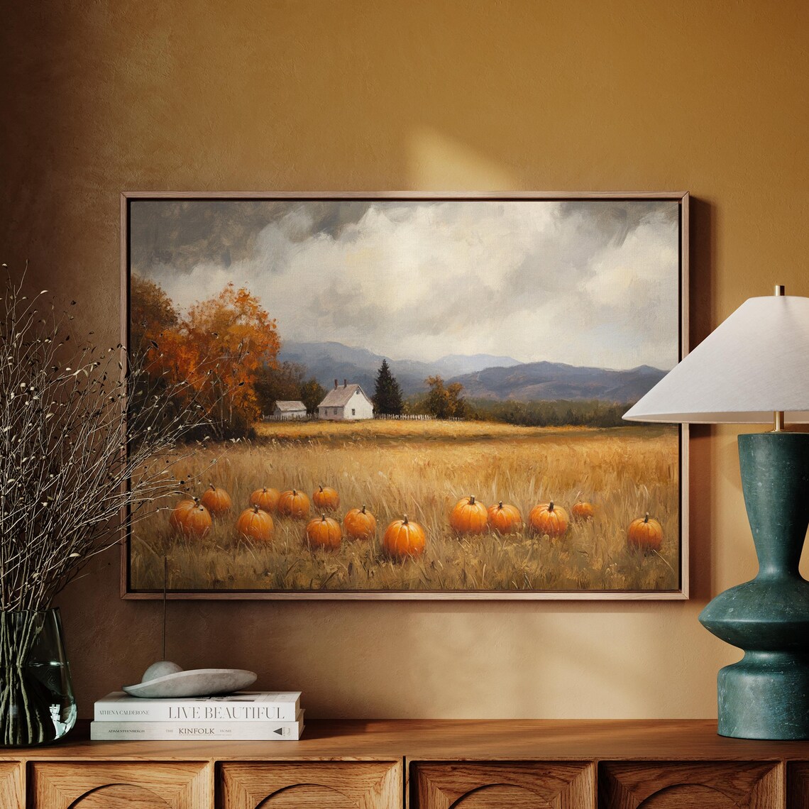 Rustic Pumpkin Patch, Autumn Landscape Art Print