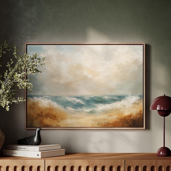 Coastal Beach And Waves Art Print Serene Ocean Landscape Wall Decor Nautical Inspired Artwork With Sailing Boats And Golden Hues