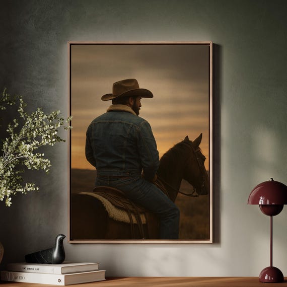 Rustic Cowboy On Horseback At Sunset, Americana