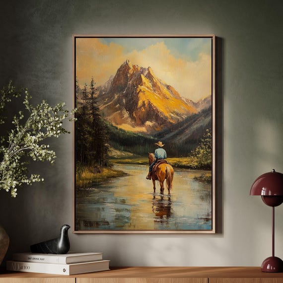 Cowboy Crossing River Western Landscape Painting Rustic Mountain Scene Horseback Riding Art Print For Ranch Decor