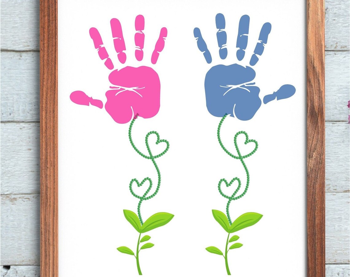 Pink and Blue Handprint Flowers on Heart Vines Nursery Keepsake Poster