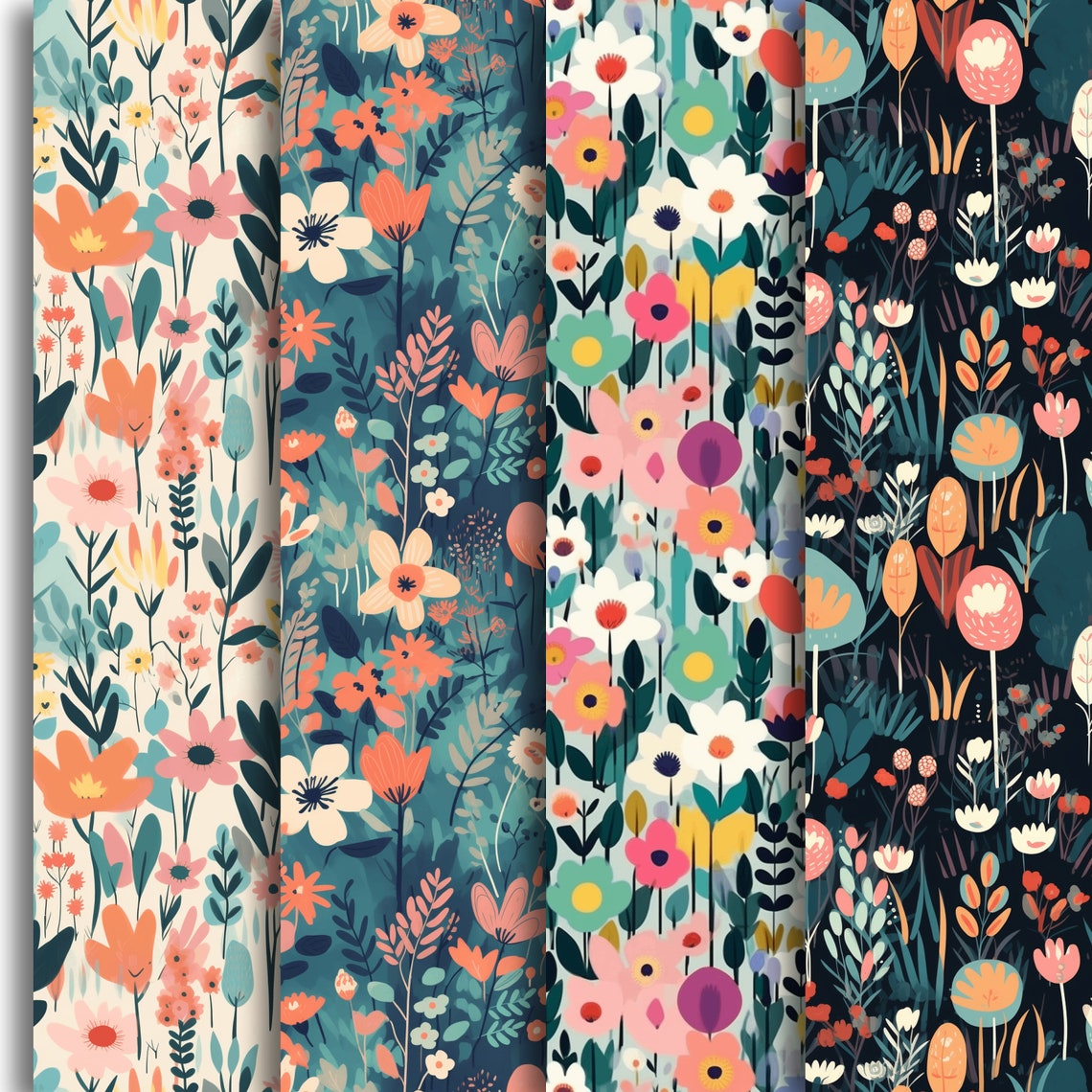 Wildflower Seamless Pattern Four Colorways Botanical Wall Art