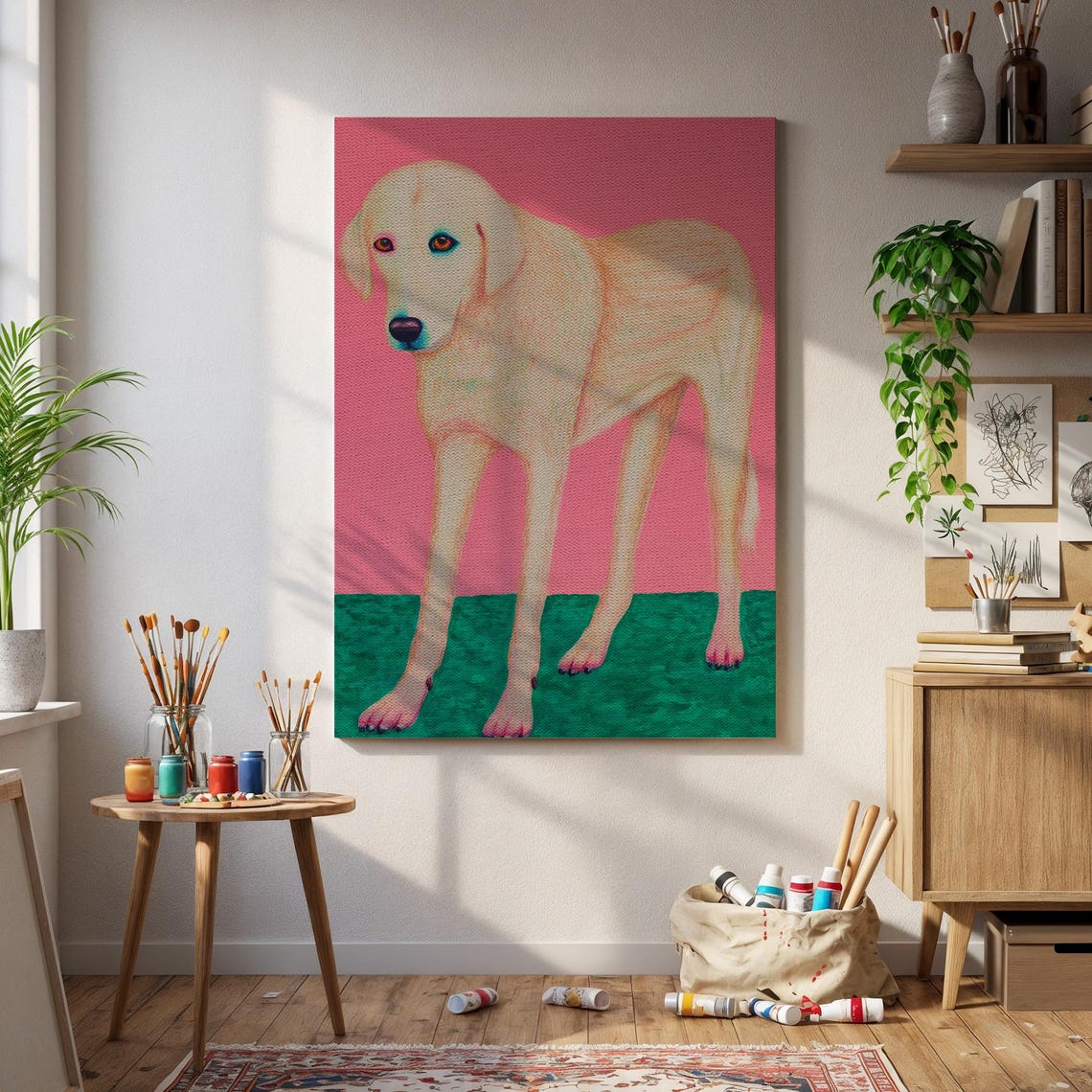 Big White Dog Pop Art Pink Background Whimsical Portrait Poster