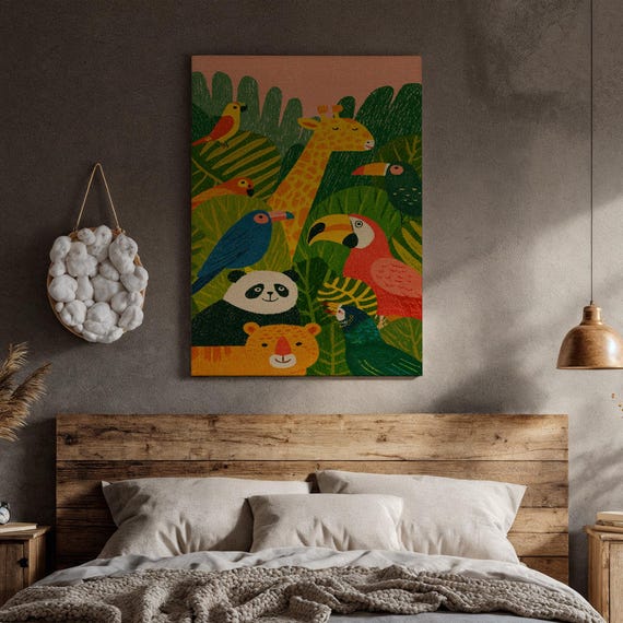 Jungle Animal Nursery Wall Art Cute Safari Friends With Giraffe Panda Birds Colorful Kids Room Canvas Print For Baby Decor