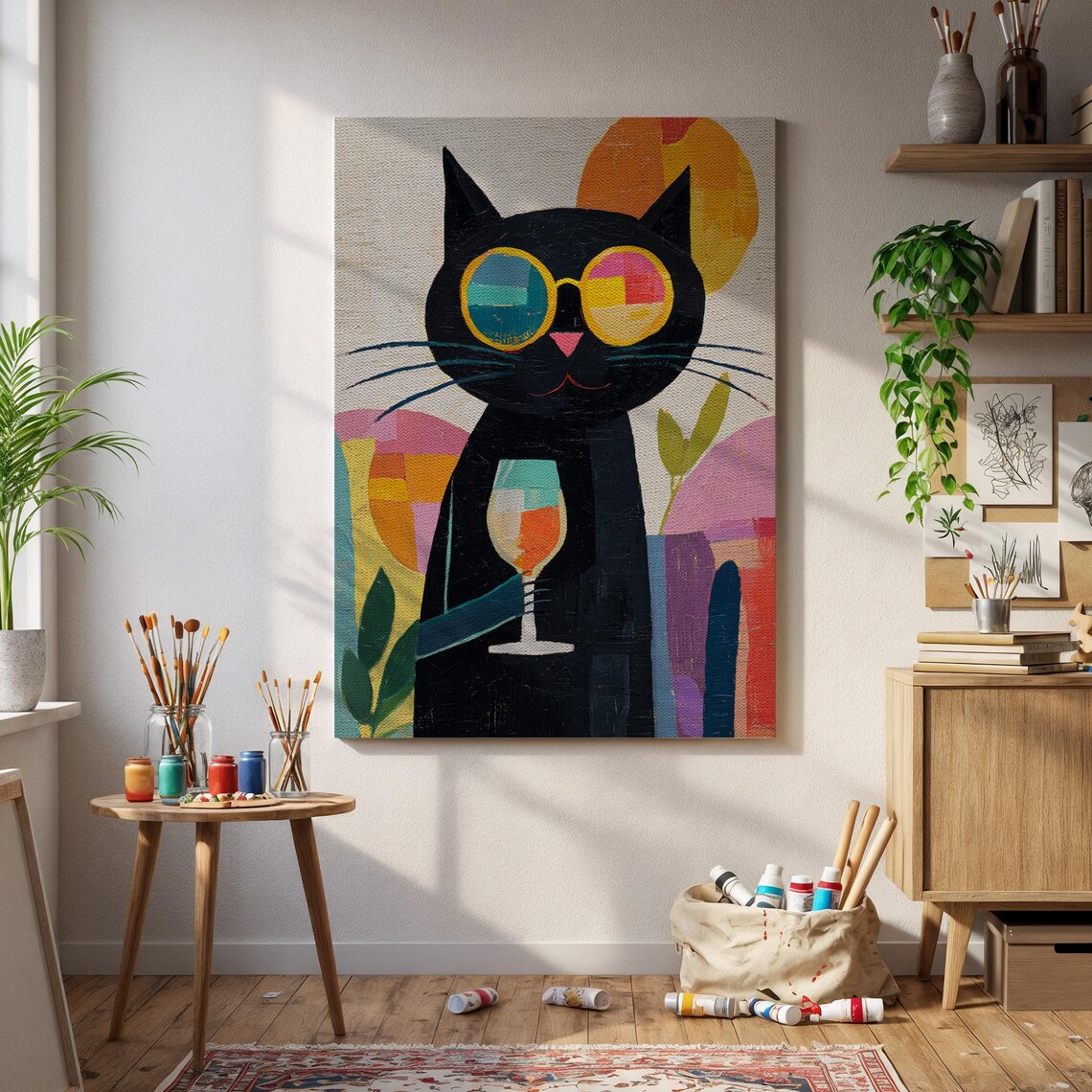 Black Cat With Colorful Sunglasses Holding Cocktail Retro Art Poster