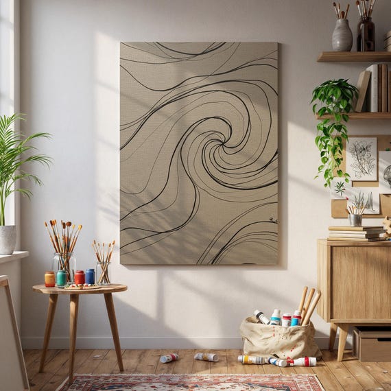 Framed Minimal Line Art Swirl Poster Abstract Neutral Wall Decor Canvas Print For Living Room Zen Office Or Modern Boho Interior