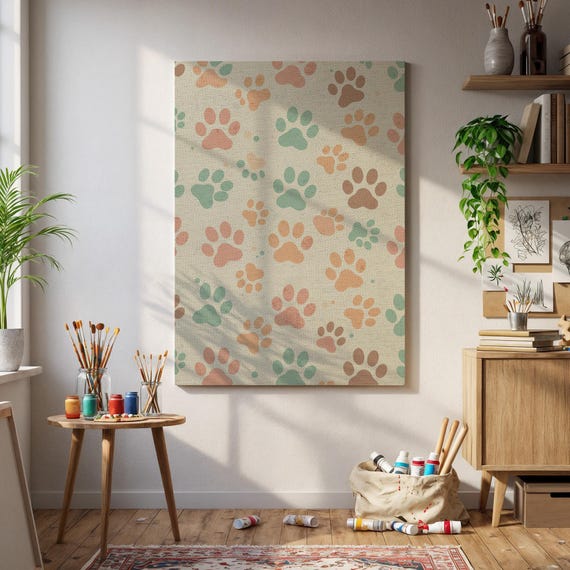 Framed Colorful Paw Print Wall Art Cute Minimal Pet Lover Canvas Animal Footprint Poster For Nursery Kids Room Vet Or Shop Decor
