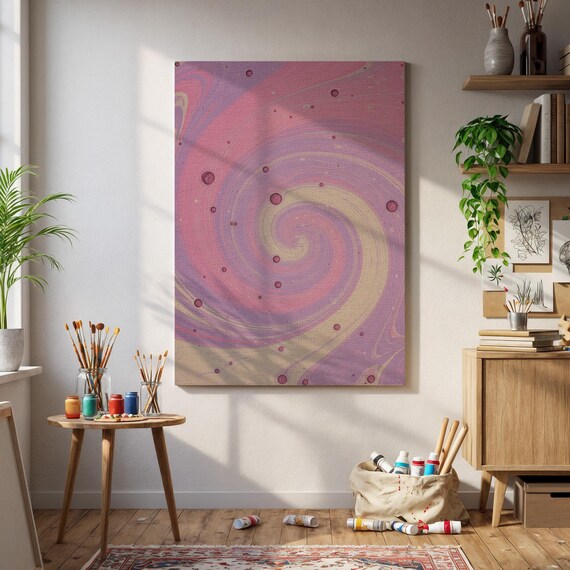 Framed Pink And Gold Swirl Abstract Canvas Whimsical Spiral Wall Art For Bathroom Or Bedroom Soft Pastel Marble Print Dreamy Decor Gift