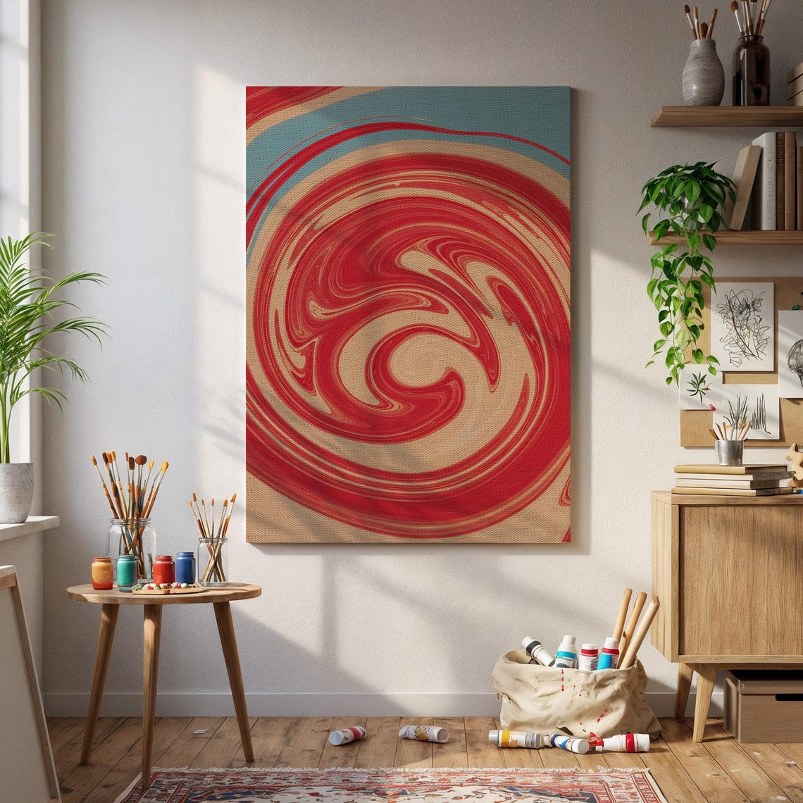 Framed Abstract Red Swirl Canvas Wall Art Modern Minimalist Texture Print Fluid Marbled Pattern Bold Decor For Home Or Office Walls