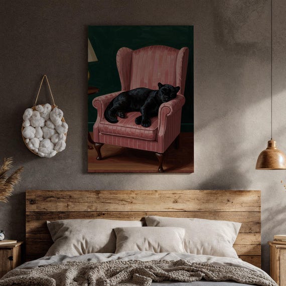 Black Cat Sleeping On Vintage Chair Wall Art Cozy Animal Canvas Dark Academia Print Feline Home Decor For Lovers