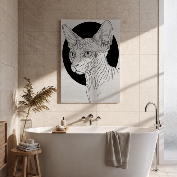 Sphynx Cat Line Art Portrait Black White Modern Drawing Poster