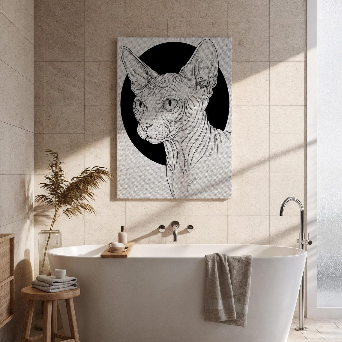 Sphynx Cat Line Art Portrait Black White Modern Drawing Poster