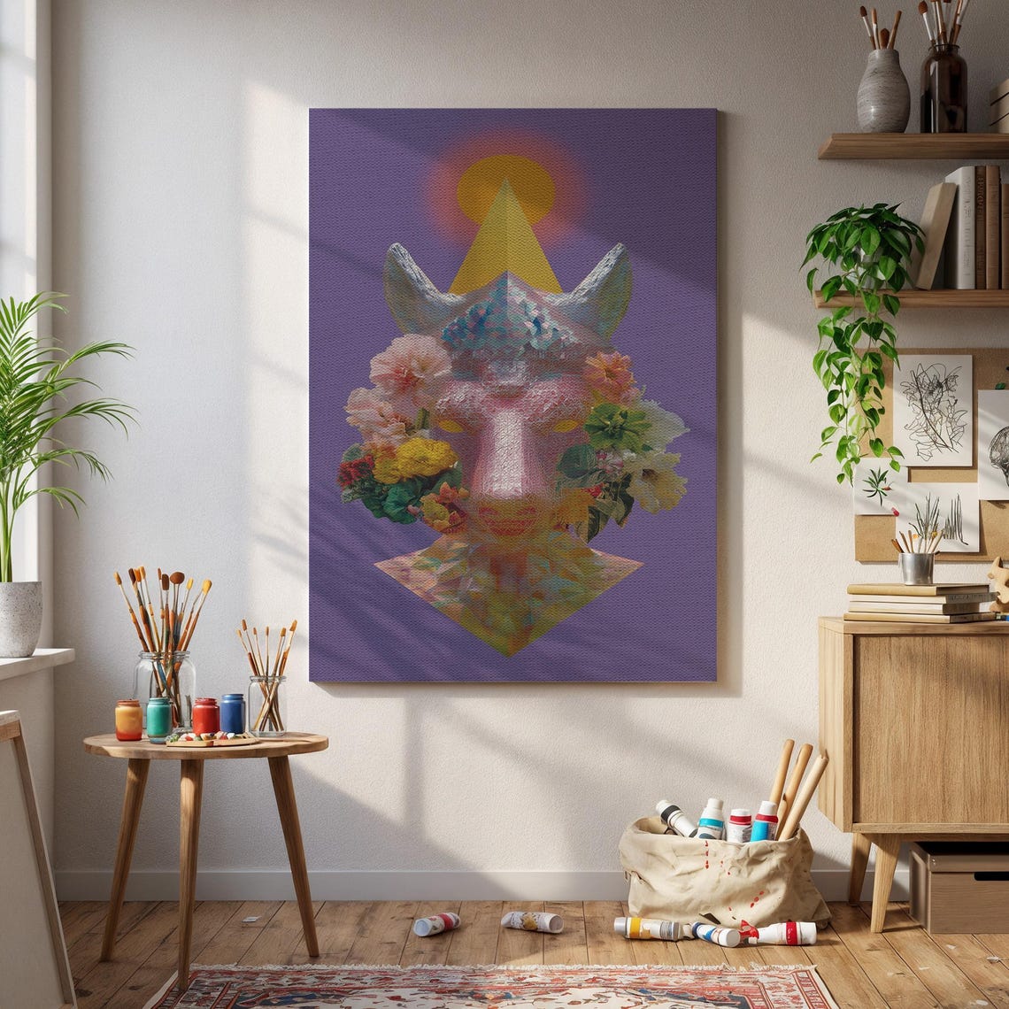 Surreal Floral Horned Deity Golden Pyramid Purple Canvas Wall Art