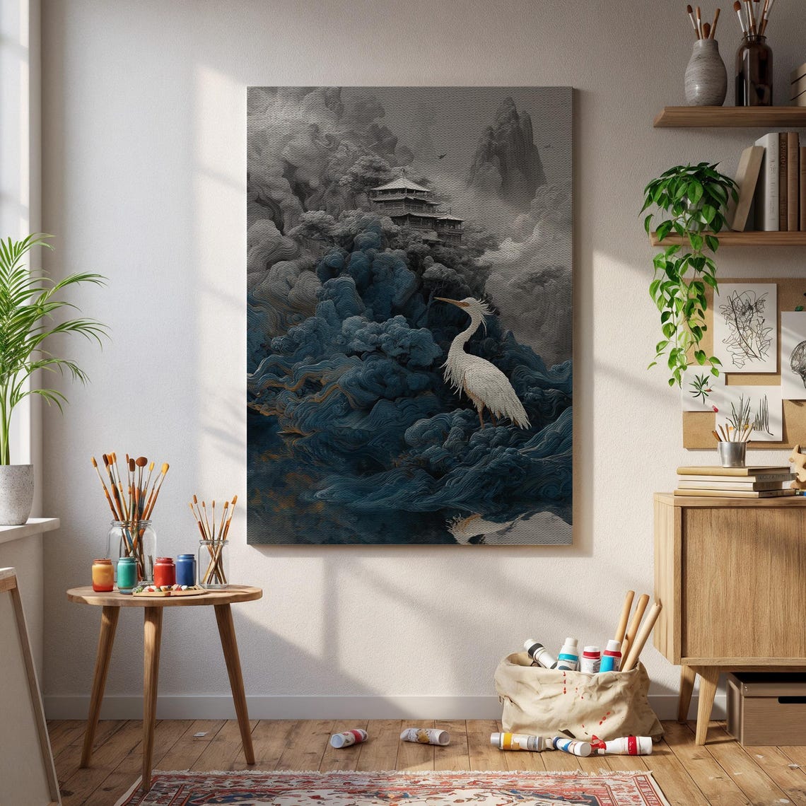 White Heron Among Blue Waves Japanese Mountain Temple Ink Art Poster