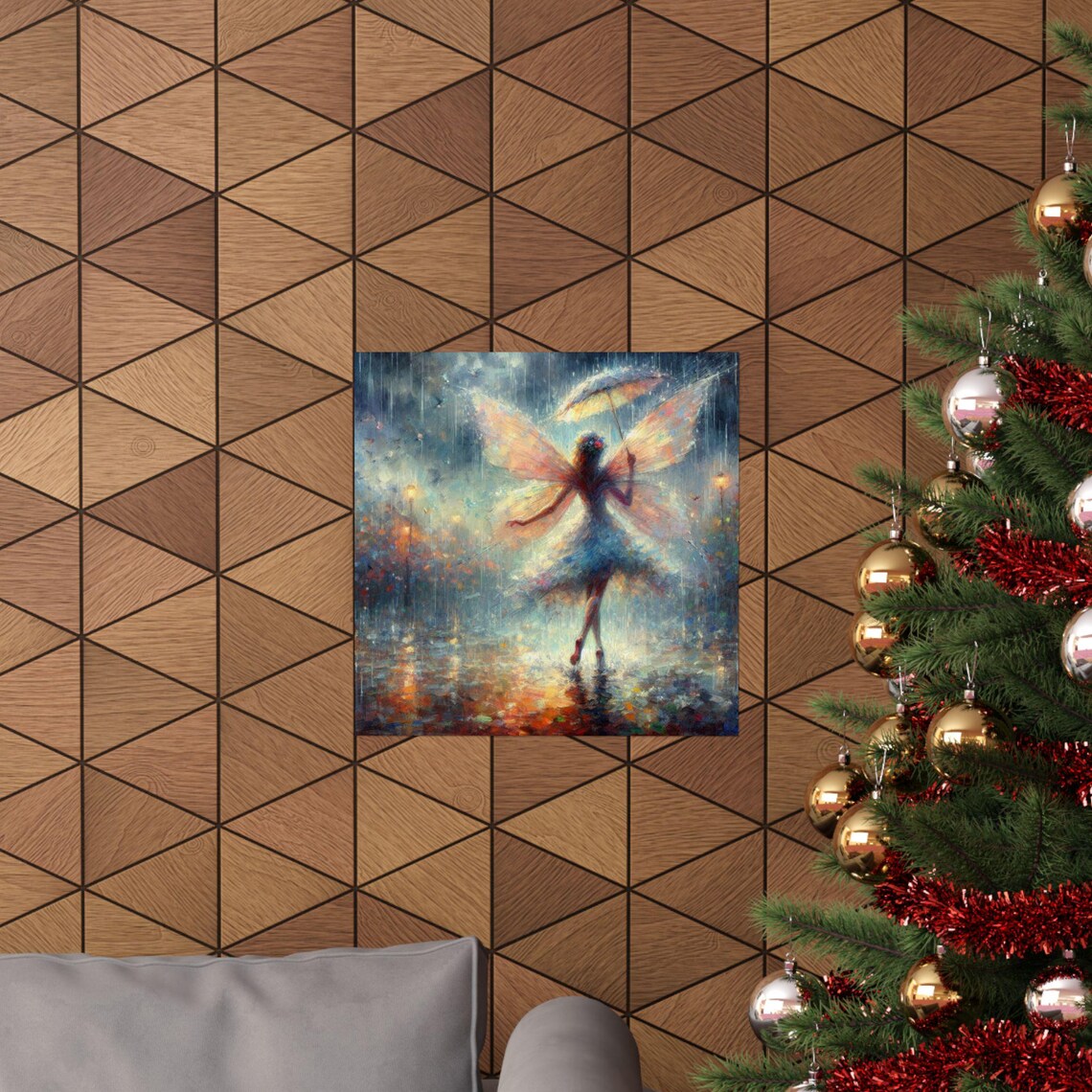 Fairy Dancing in Rain Twirling Umbrella Night Fantasy Art Poster - Image 6