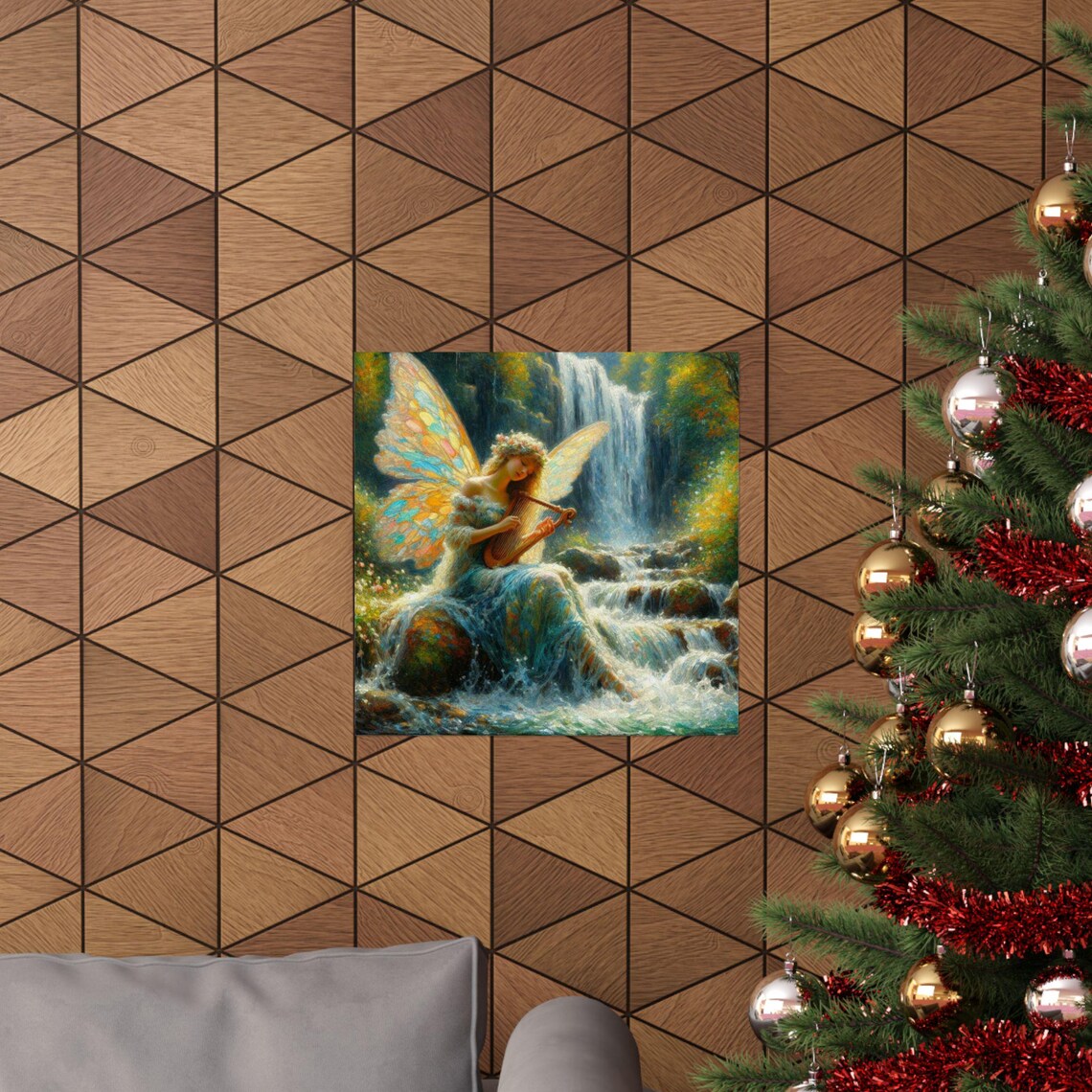 Fairy Playing Golden Harp by Waterfall in Forest Fantasy Art Poster - Image 6