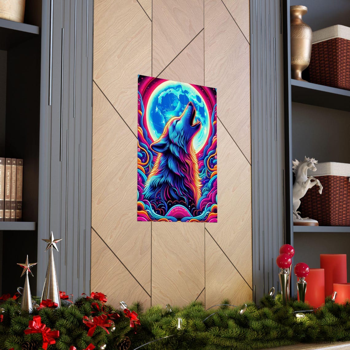 Psychedelic Howling Wolf Beneath a Glowing Full Moon Art Poster - Image 5