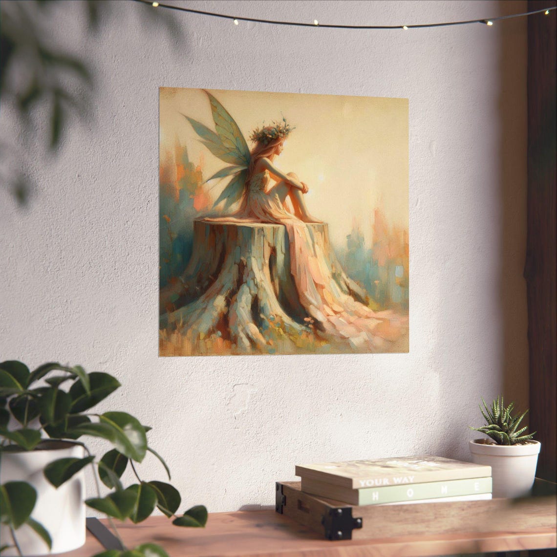 Ethereal Fairy Sitting on a Tree Stump in Misty Light Poster - Image 4