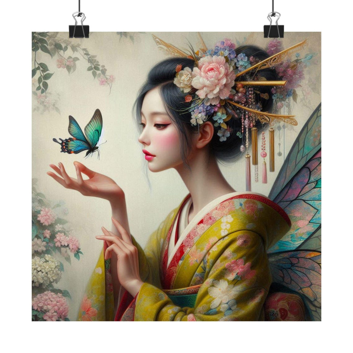 Elegant Geisha with Butterfly in Golden Kimono Japanese Art Poster