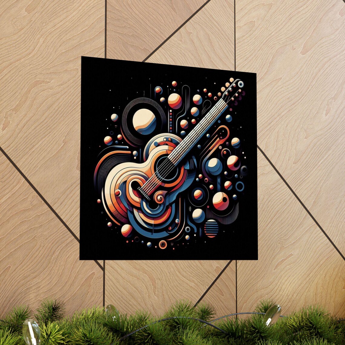 Abstract Acoustic Guitar with Planets Music Art Poster on Black - Image 5