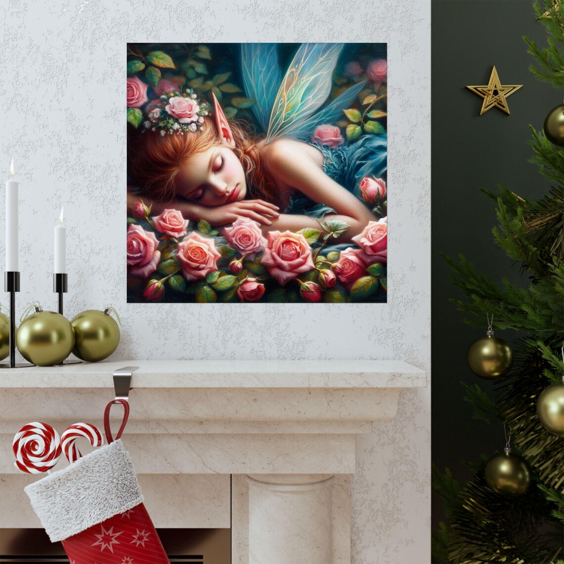 Sleeping Fairy with Blue Wings among Pink Roses Fantasy Art Poster - Image 3