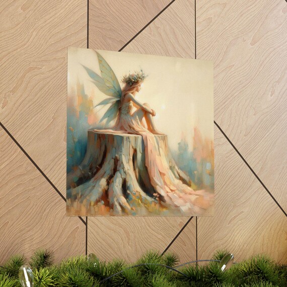 Ethereal Fairy Sitting on a Tree Stump in Misty Light Poster