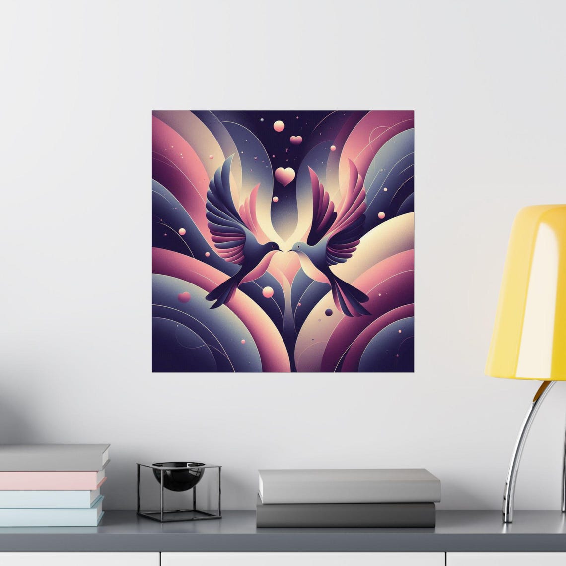 Two Doves with Floating Hearts Gradient Romantic Love Art Poster - Image 2