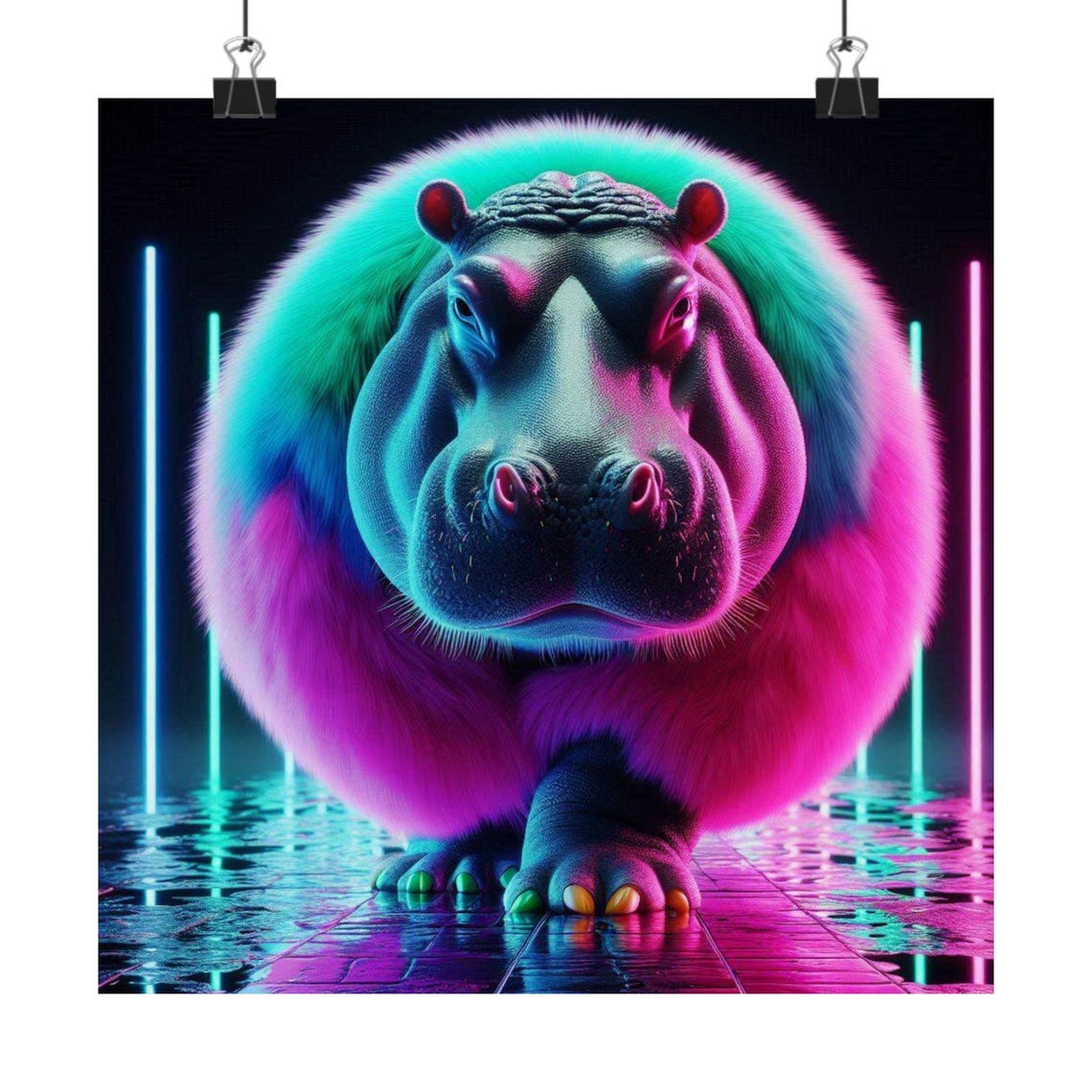 Neon Fluffy Hippo in Cyberpunk Street Style Funny Animal Art Poster