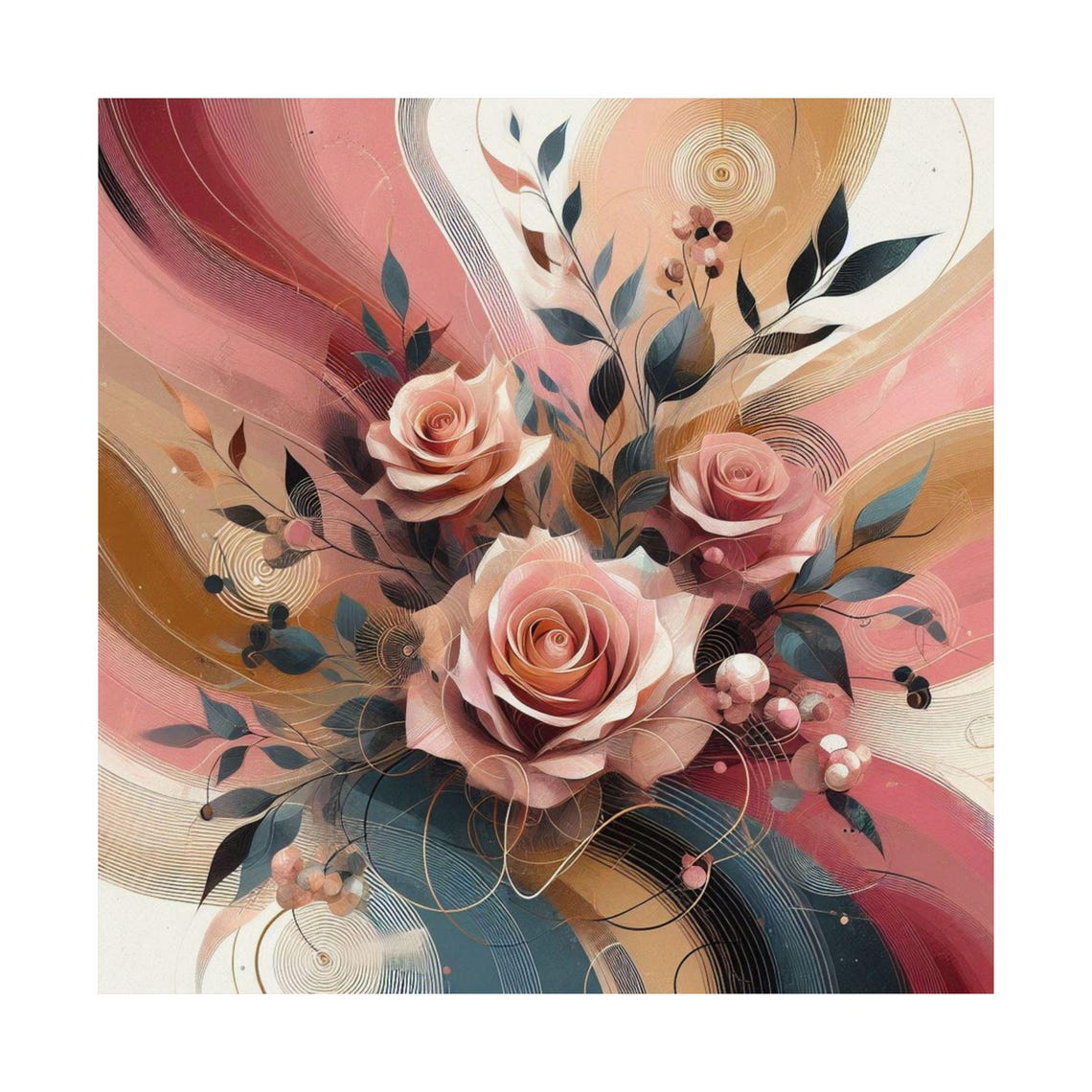 Blush Pink Roses with Flowing Abstract Swirls Botanical Art Poster - Image 7