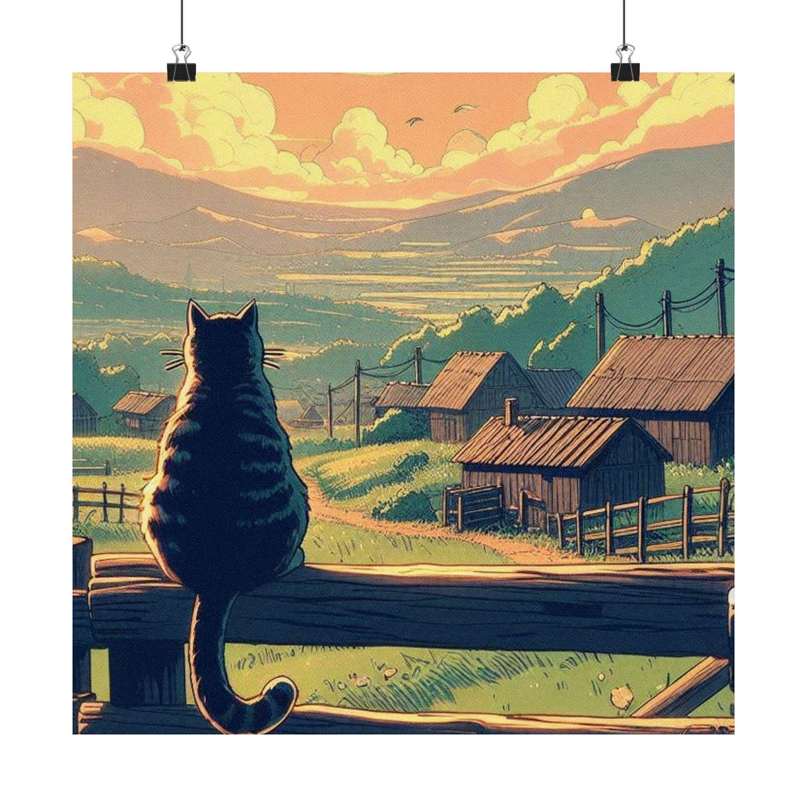 Tabby Cat Sitting on a Fence Watching a Village Sunset Poster - Image 7