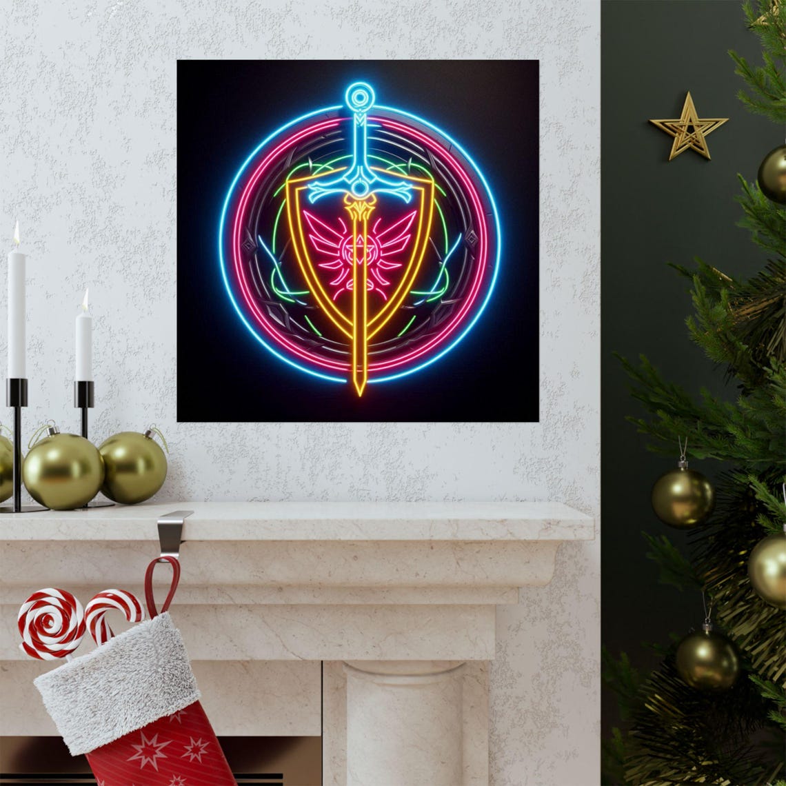 Glowing Neon Sword and Shield Fantasy Emblem on Black Poster - Image 3
