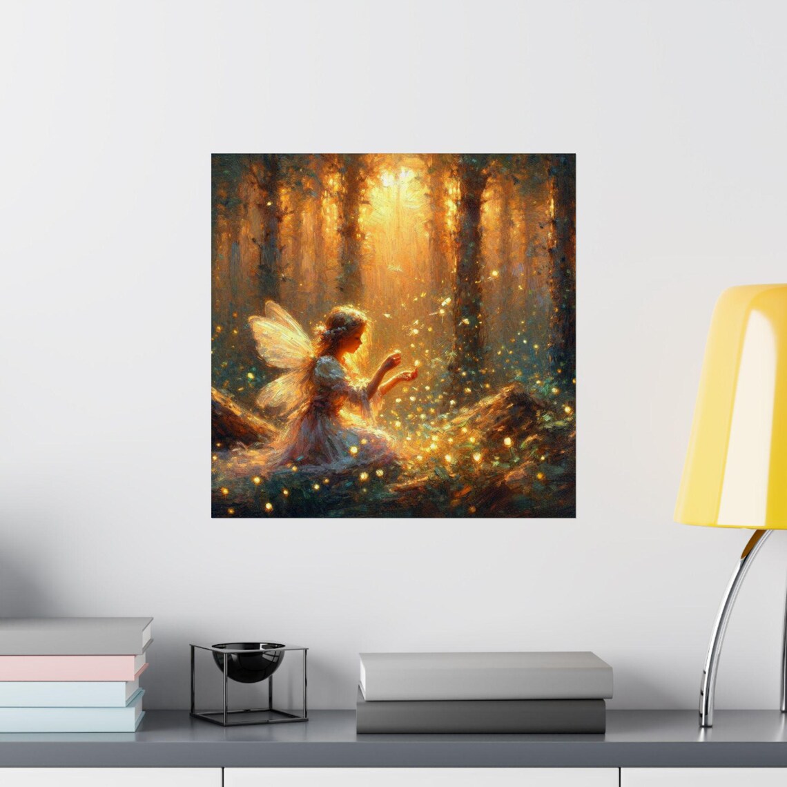 Fairy in Sunlit Forest Clearing with Fireflies Fantasy Art Poster - Image 2
