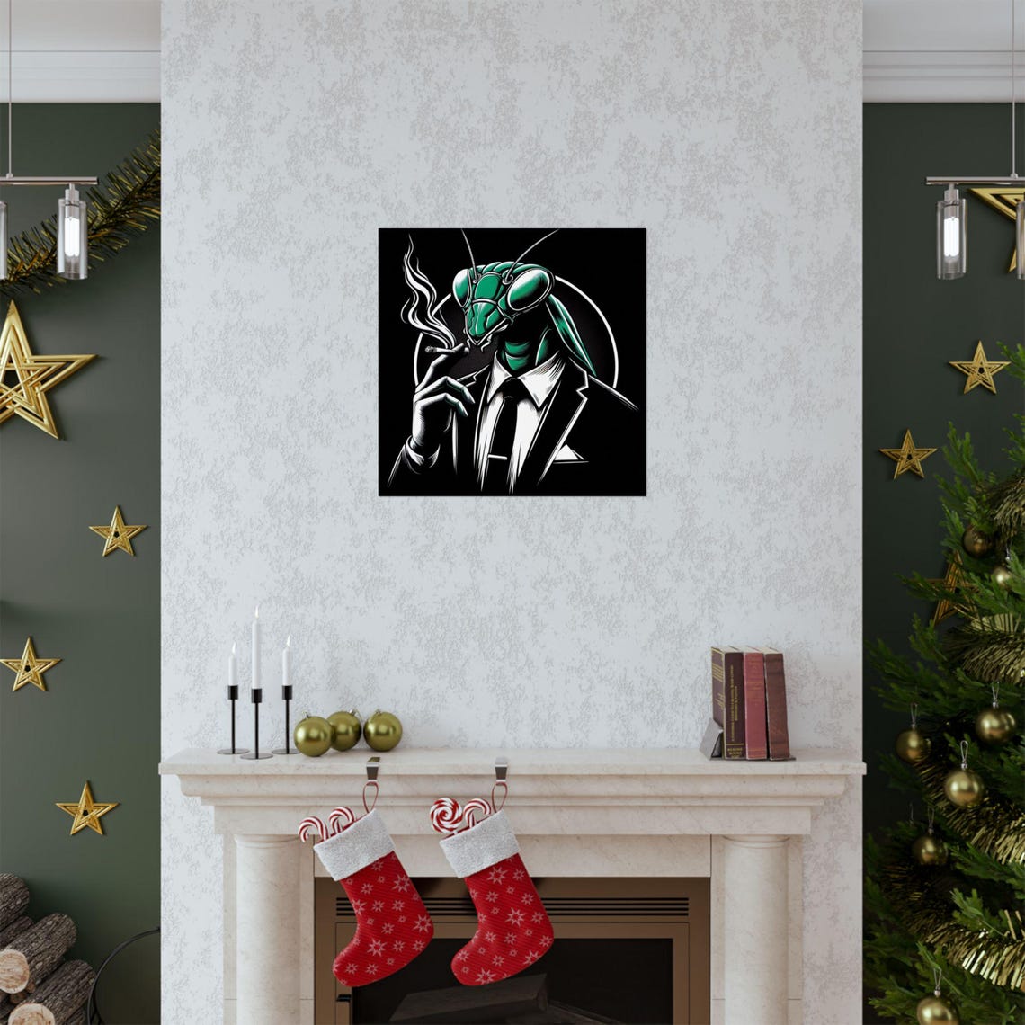 Suave Praying Mantis in a Suit Smoking Cigarette Noir Art Poster - Image 3