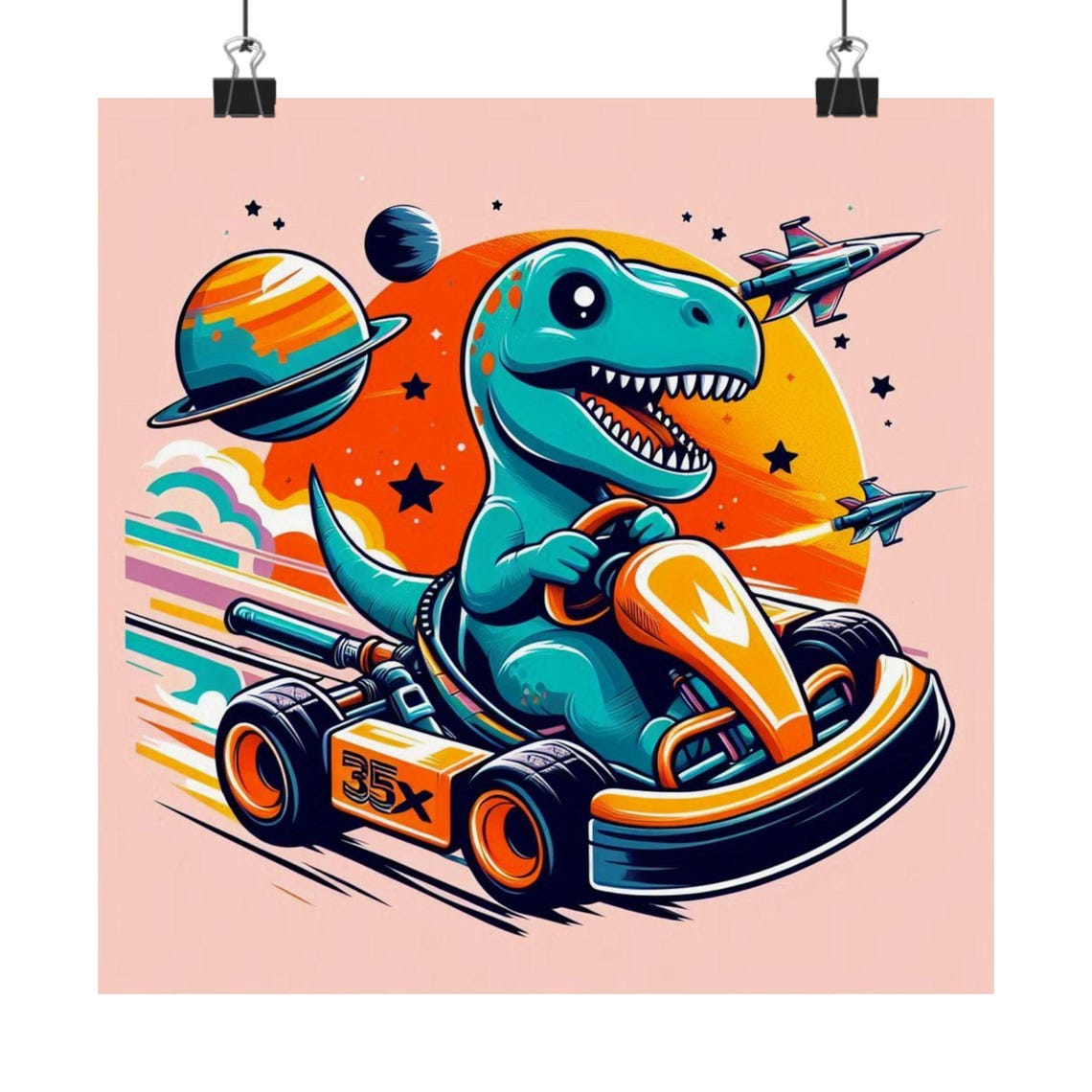 Cheerful Dinosaur Racing a Go Kart Through Outer Space Art Poster