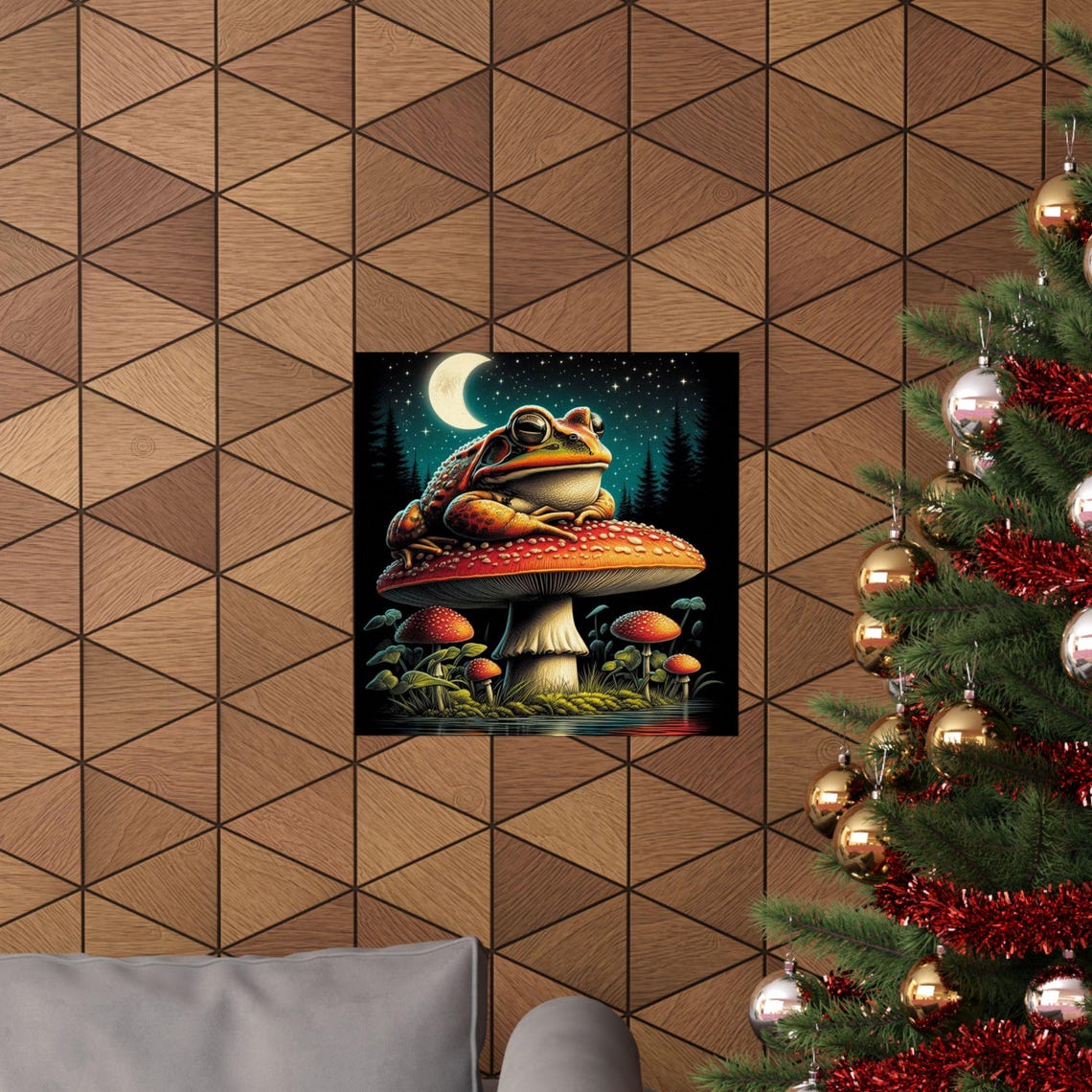 Plump Frog Lounging on a Giant Mushroom Under the Night Moon Poster - Image 6