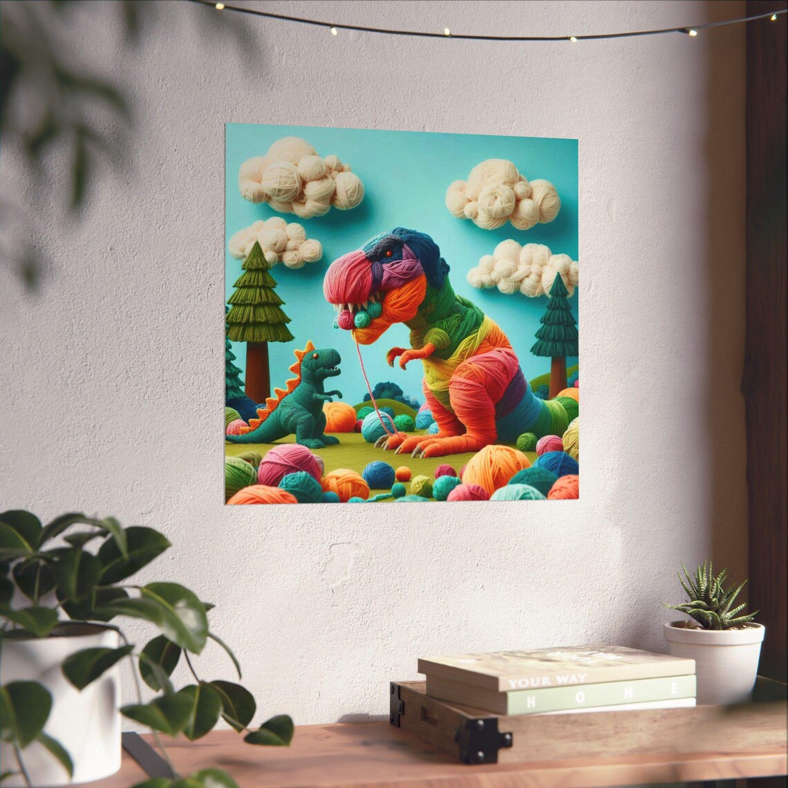 Colorful Yarn T Rex With Baby Dinosaur Fun Kids Room Art Poster - Image 4