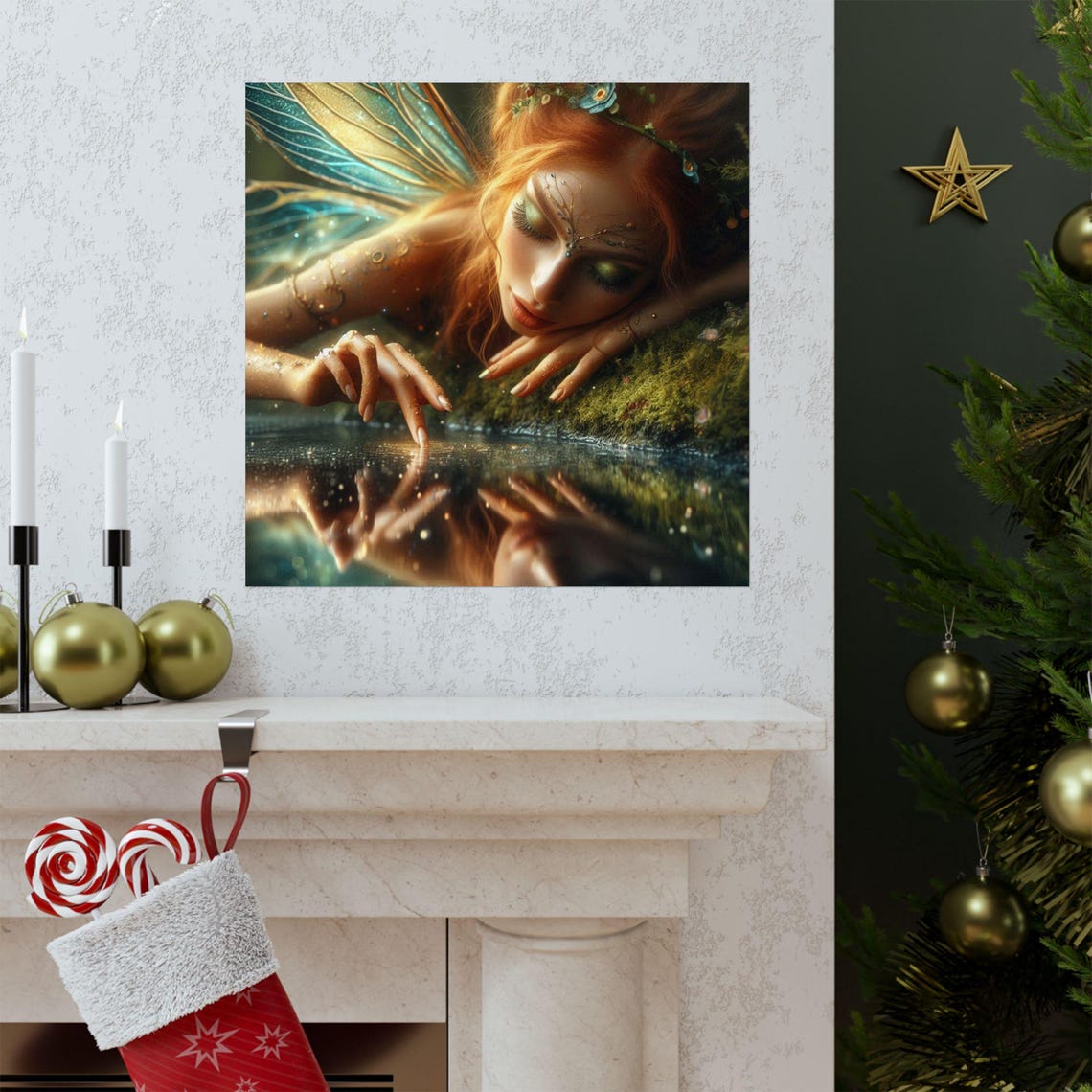 Red Haired Fairy Touching Water with a Golden Reflection Poster - Image 3