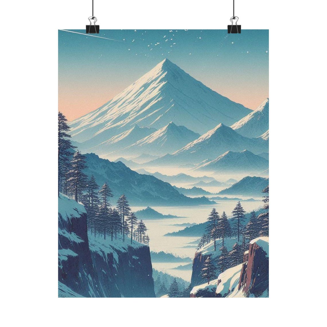 Snowy Mountain Peak Above Misty Valleys Alpine Sunset Poster