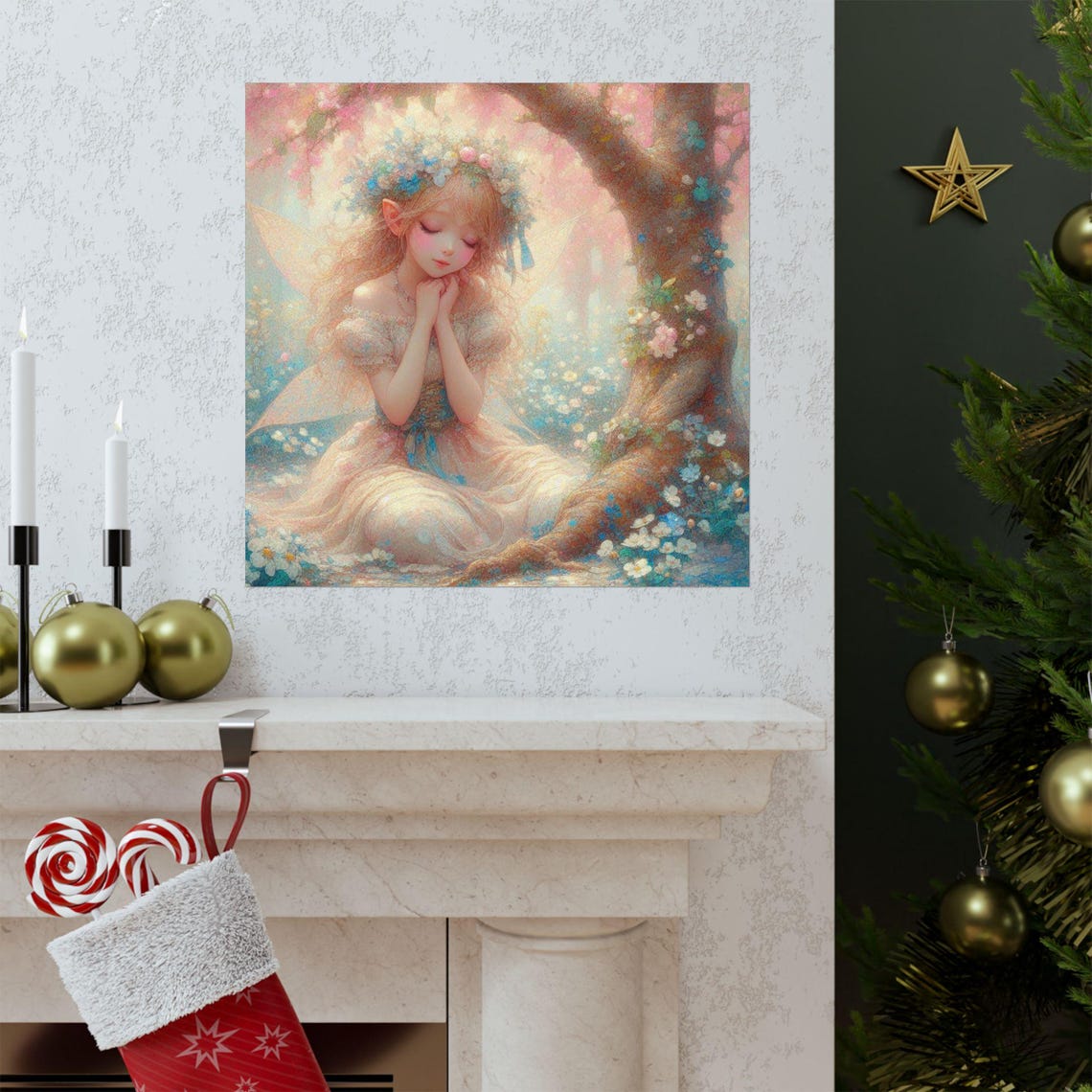 Pastel Fairy Girl Resting under Blossom Tree Spring Art Poster - Image 3