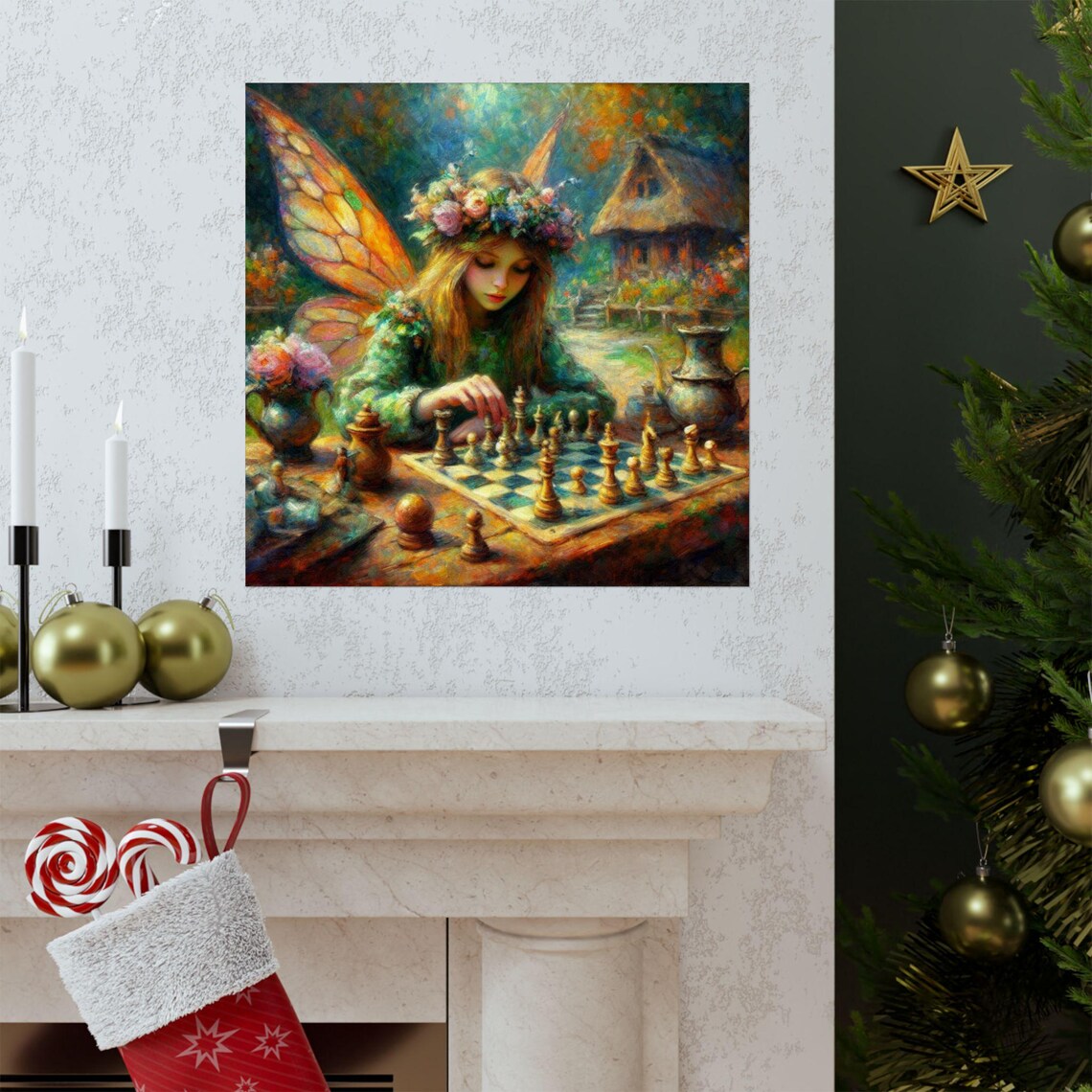 Fairy Playing Chess in Cozy Cottage Garden Fantasy Art Poster - Image 3